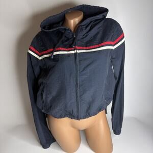 John Galt Cropped Long Sleeve Full Zip Windbreaker Jacket Navy Size S Hooded
